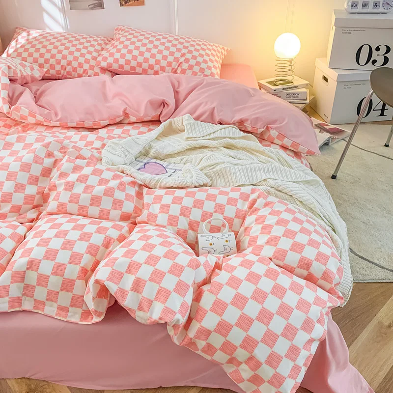 Nordic Style Checkerboard Pattern Bedding Sets Washed Skin-Friendly Cotton Duvet Cover Kit All-Season Home Textiles for Adults
