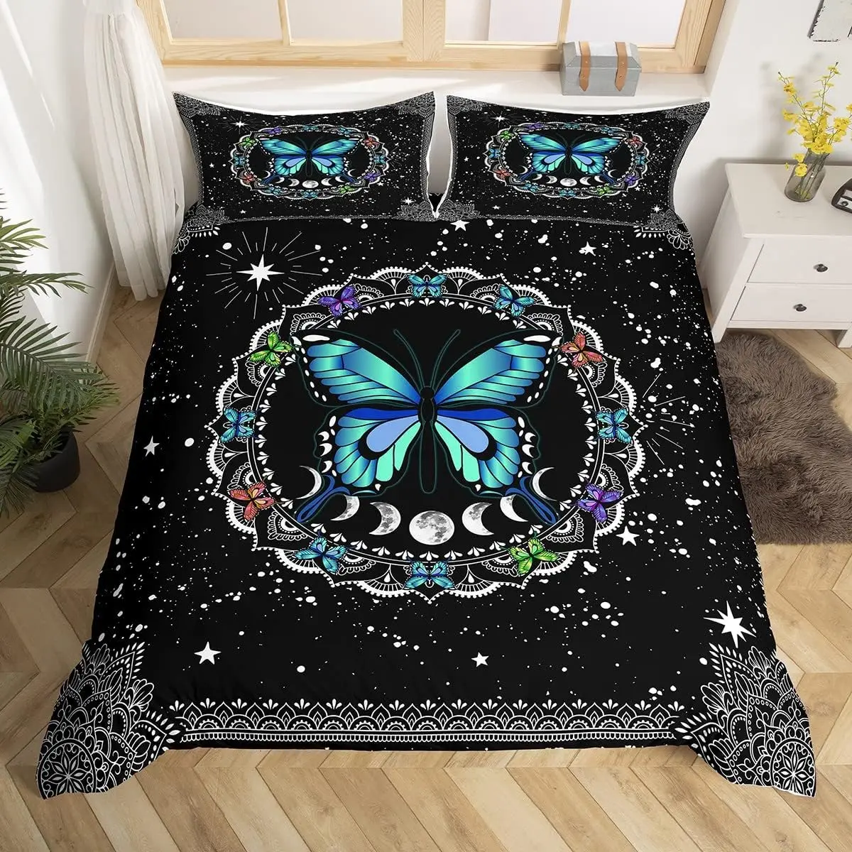 

Butterfly Bedding Set Queen Galaxy Starry Sky Duvet Cover Boho Wild Animals Comforter Cover Moth Trippy Moon Mandala Quilt Cover
