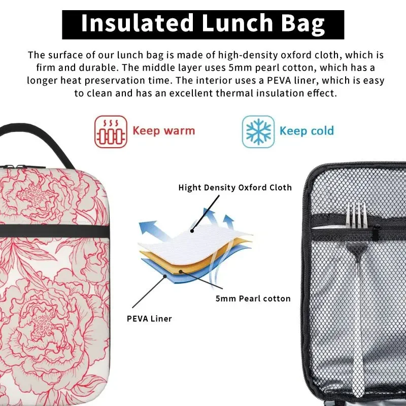 Bolsa térmica con patrón de peonía de flores, bolsa de almuerzo aislada, almacenamiento de alimentos y bebidas, a prueba de fugas, Picnic, Camping, caja al aire libre, Playa