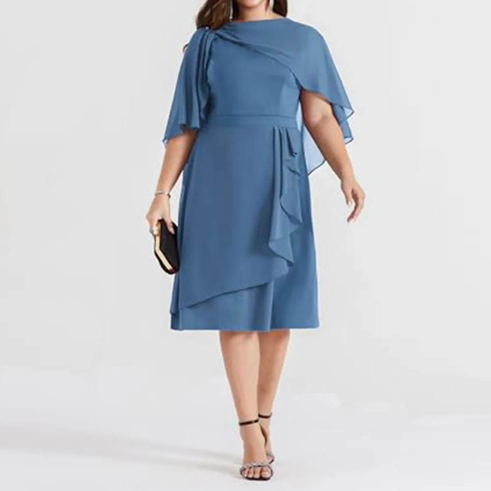 Customized  Mother of The Bride Dresses Women's Plus Size Chiffon Cape Cocktail Dresses A-Line Ruffles Party Wedding Guest Dress