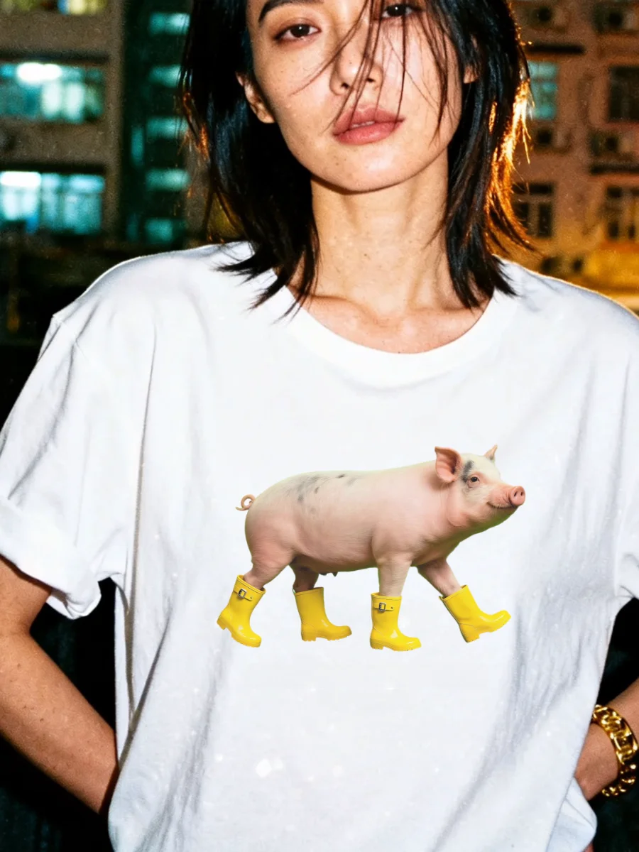 Loose Fit Pure Cotton Short Sleeve T-Shirt Unisex Couples Design Booted Pig Abstract Gangster Pig Print Casual Summer Top