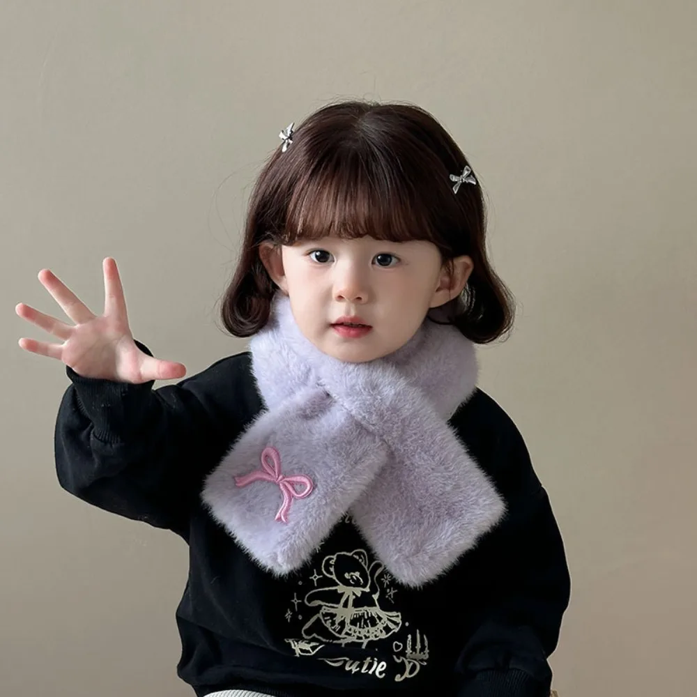 Süßer einfarbiger Schal mit Schleife, koreanischer Stil, warmer Kinder-Plüschschal, lässig, winddicht, Kinder-Kreuzschals, Geschenke