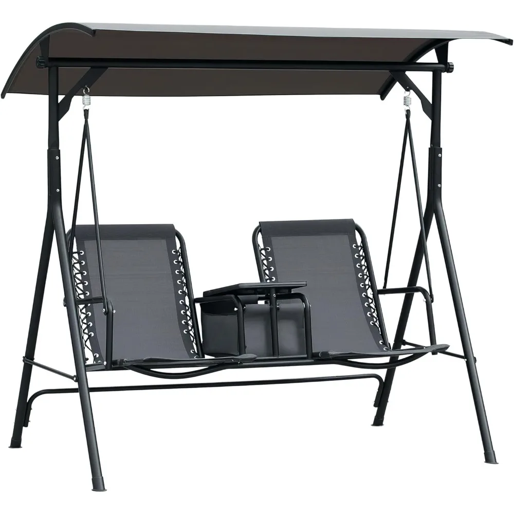 

Outdoor 2-Person Canopy Swing Chair with Pivoting Storage Table, Cup Holders, Adjustable Shade, and Bungee Seat