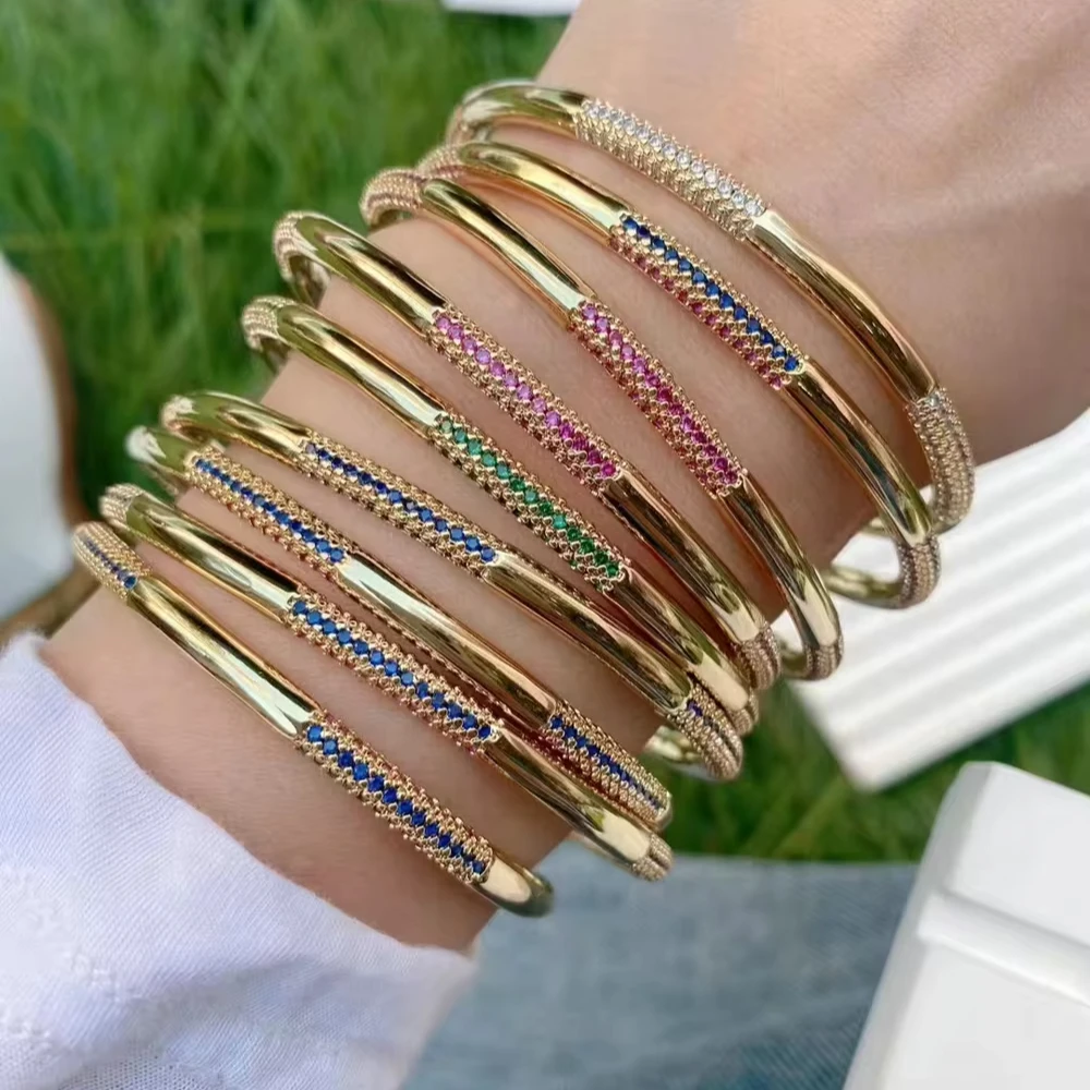 Women Charming Brass Plated Micro Zircon Adjustable Open Cuff Bracelet Bangle