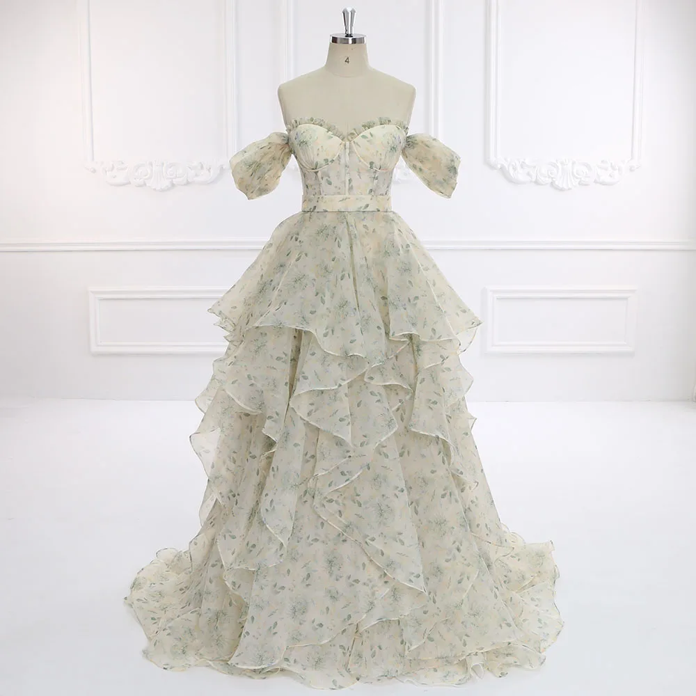 

Short Sleeevs Birthday Dresses Printing Floral Colored Wedding Dresses Maxi Dress for Photo Shoot Women's Wedding Party Attire