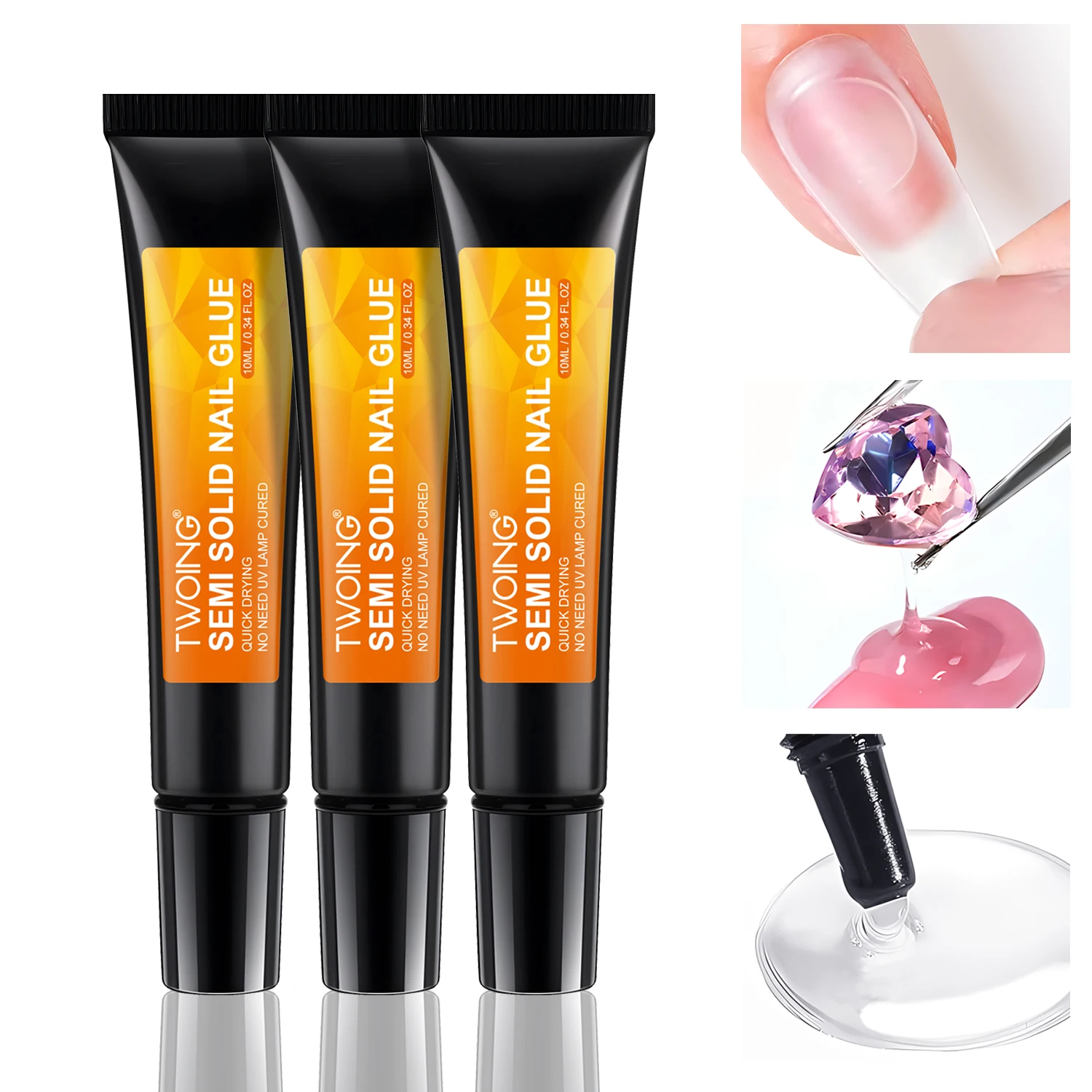 3pcs Quick-Dry Nail Glue，Semi Solid Super Strong Adhesive For Press-On Nail&Rhinestones，Waterproof Long-Lasting No Need UV Cured