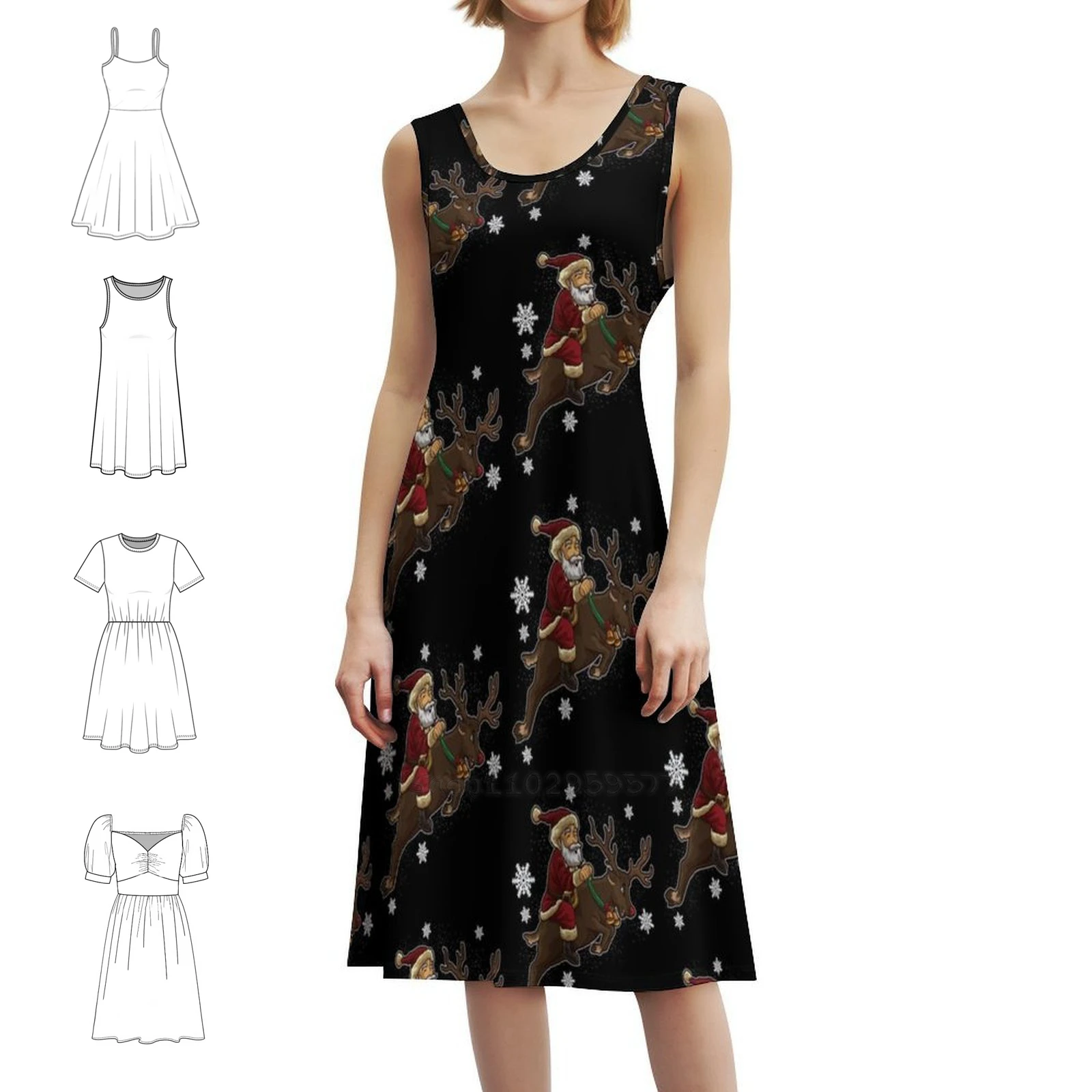 サンタクロースはトナカイに乗って配達サービスを行います 女性用ボヘミアンノースリーブドレス プリントビーチパーティードレス クリスマスタイム