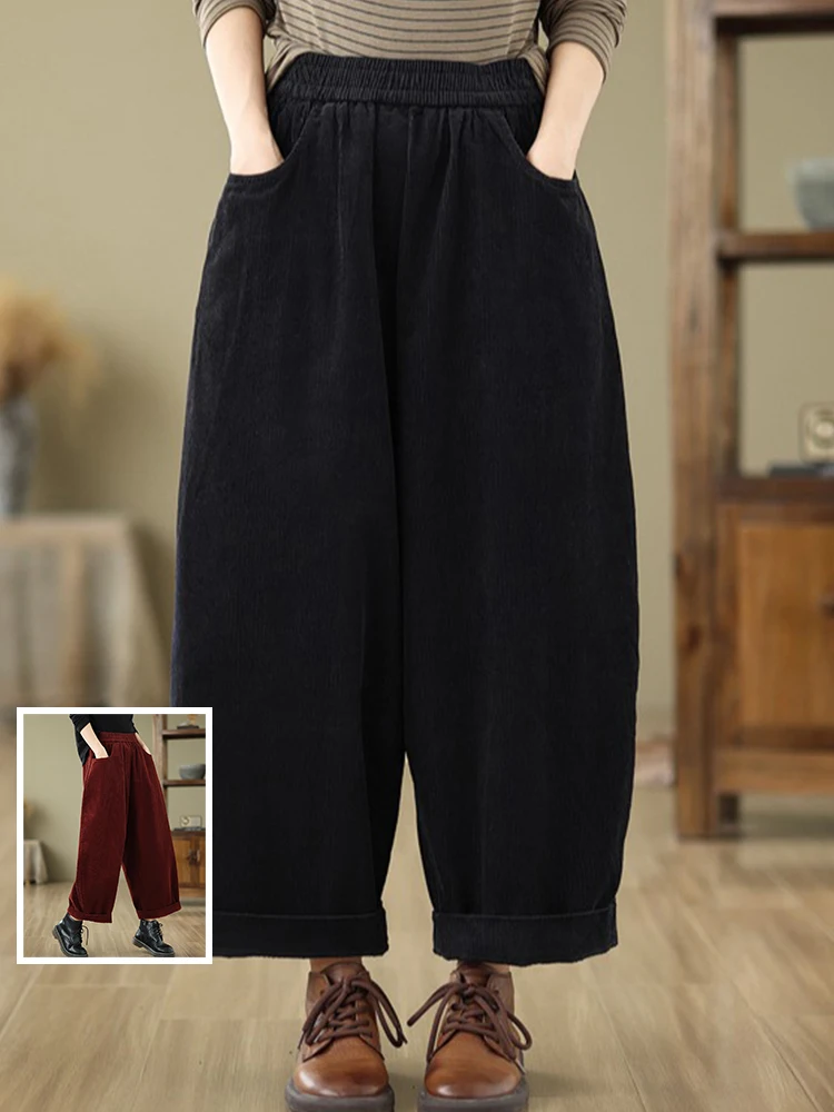 

Retro Corduroy Banana Pants Scythe Trousers plus Size Women's Elastic Waist Wide Leg Pants Slimming Versatile Casual Pants Sp...