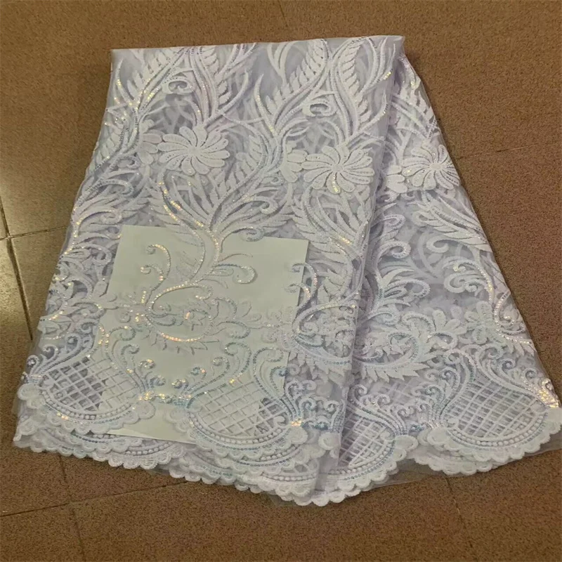 

White African Tulle Lace Fabric Embroidered High Quality Nigerian French Sequins Lace Fabric 2024 For Sew Cloth Party Wedding