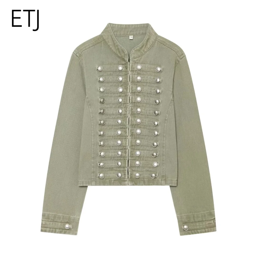 ETJ 2026 Damen Napoleon-Stil Jeansjacke Vintage Militär Doppelreihiger Mantel Silberne Knöpfe Slim Fit Herbst Oberbekleidung – Detail 31