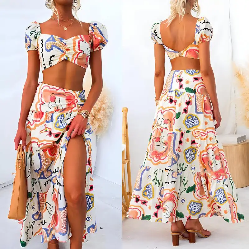 

Printed Top with Chest Wrap And f Skirt Two Piece Set Sweet Sle Tee Quarter Sve Winter Faion Women's Ensemble