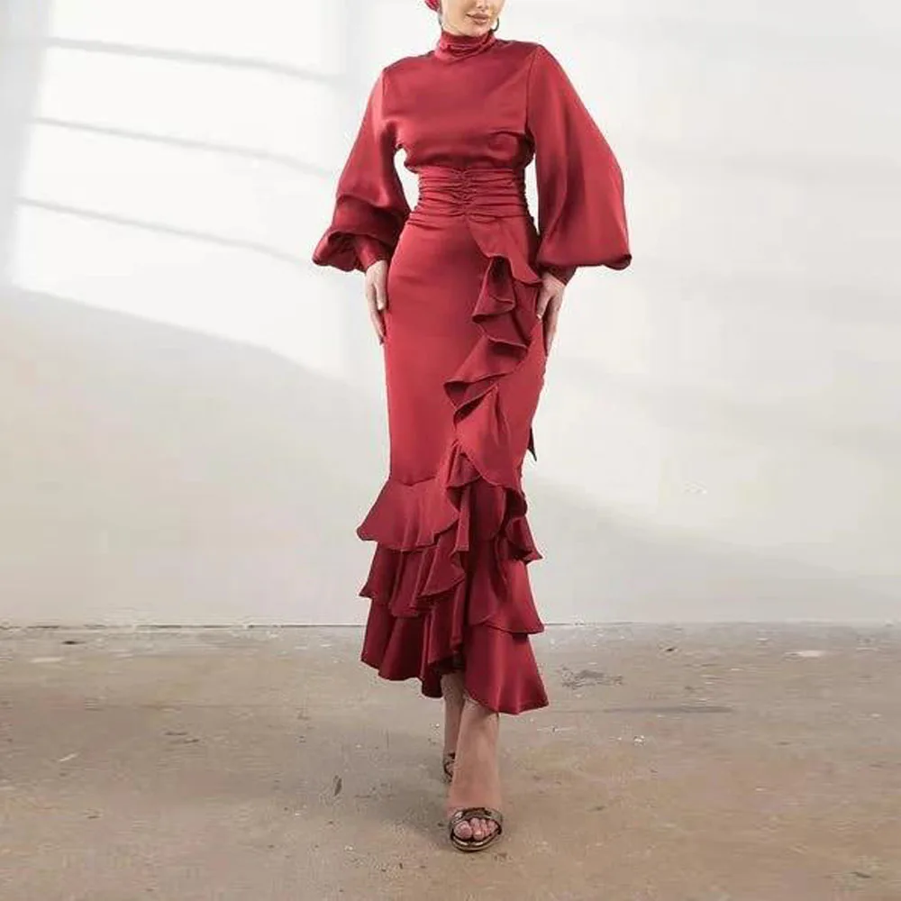Customized Hijab Prom Dresses with Scarf Ruffles Hem Mermaid Evening Party Gown High Neck Lantern Sleeve Formal Outfit