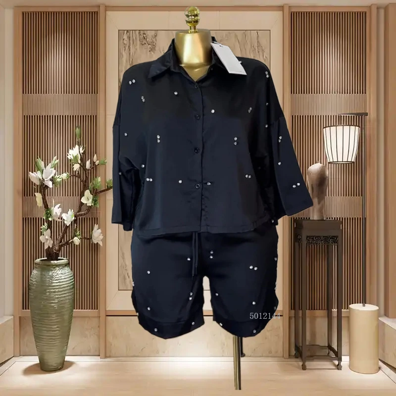 

Летний женский комплект из рубашки с длинными рукавами и шорт с бисером, модный спортивный костюм из 2 предметов на 2025 год