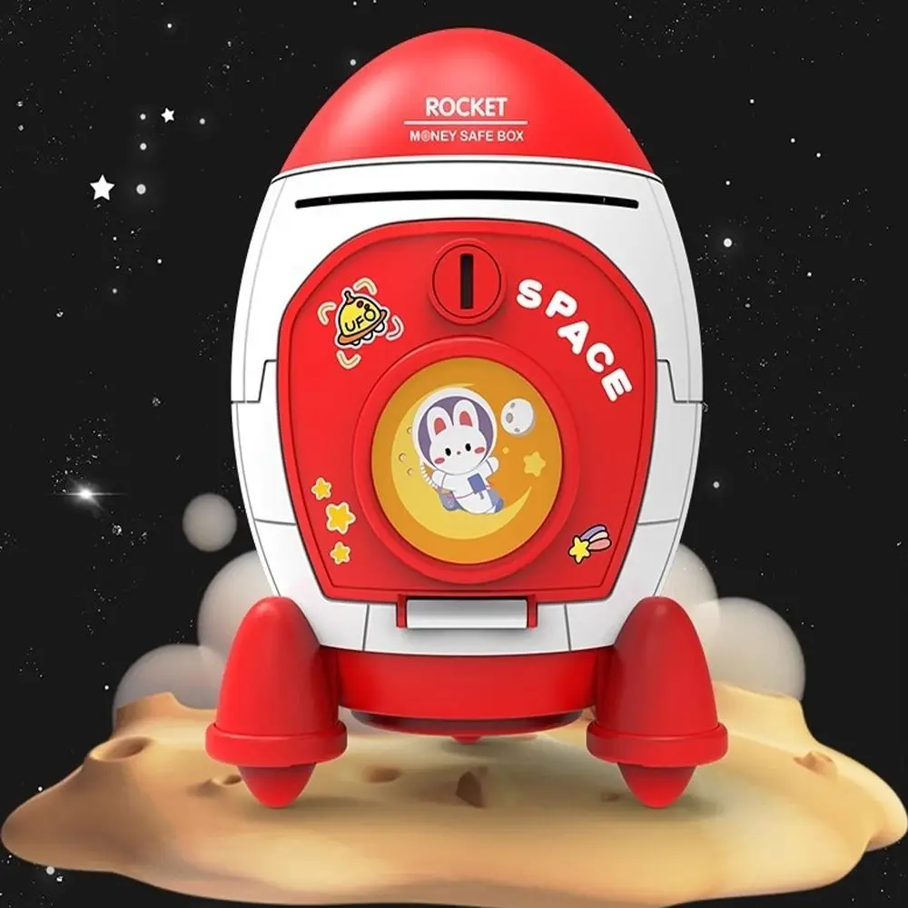 Cute Children Piggy Bank with Cartoon Sticker Multi-purpose Space Rocket Shape Cash Box Plastic Money Box Kids Gift Toy