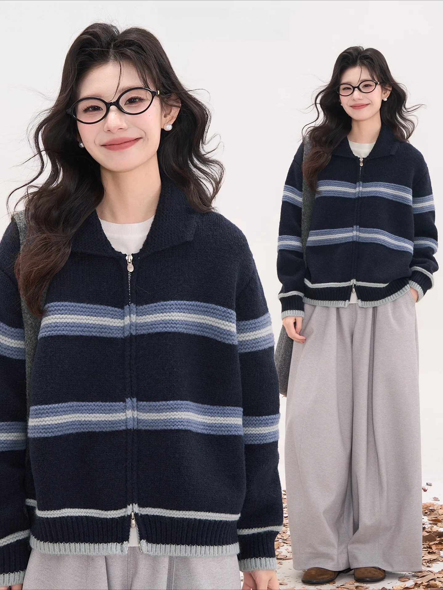 Temperament high-grade striped contrast sweater coat women's autumn and winter new lapel cashmere knit cardigan