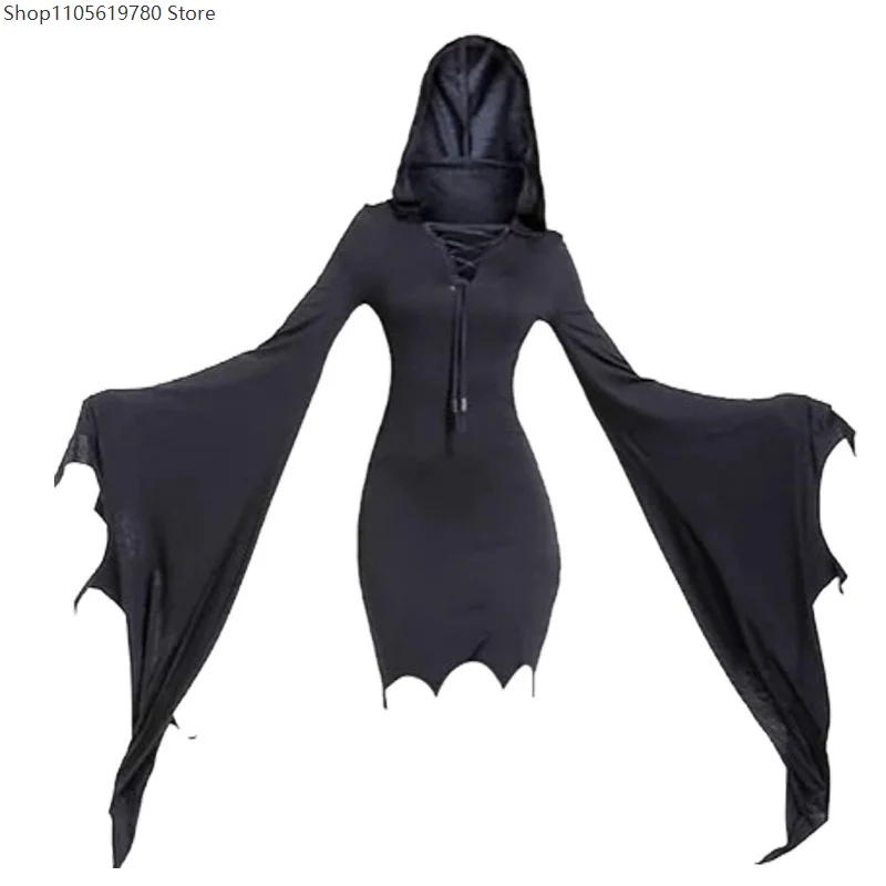 Gruseliges Geisterhexen-Cosplay-Kleid für Erwachsene Frauen, Horror-Gothic-Minikleid mit Kapuze und Fledermausärmeln, Pagan-Outfit, Karnevalskostüm WUBIN