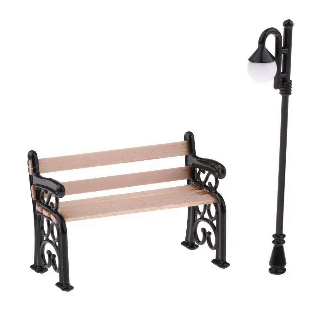 Dollhouse Garden Furniture Set Wooden Park Bench with Metal Armrests and Street Lamp Decor for 1 12 Dollhouse Miniatures