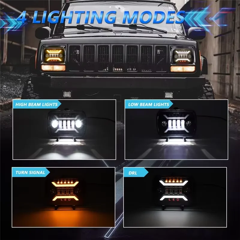 5x7 7x6 Inch Rectangular LED Headlight Hi/Lo Beam DRL Amber Turn Signal LED Headlamp For Cherokee XJ Wrangler YJ Truck Offroad
