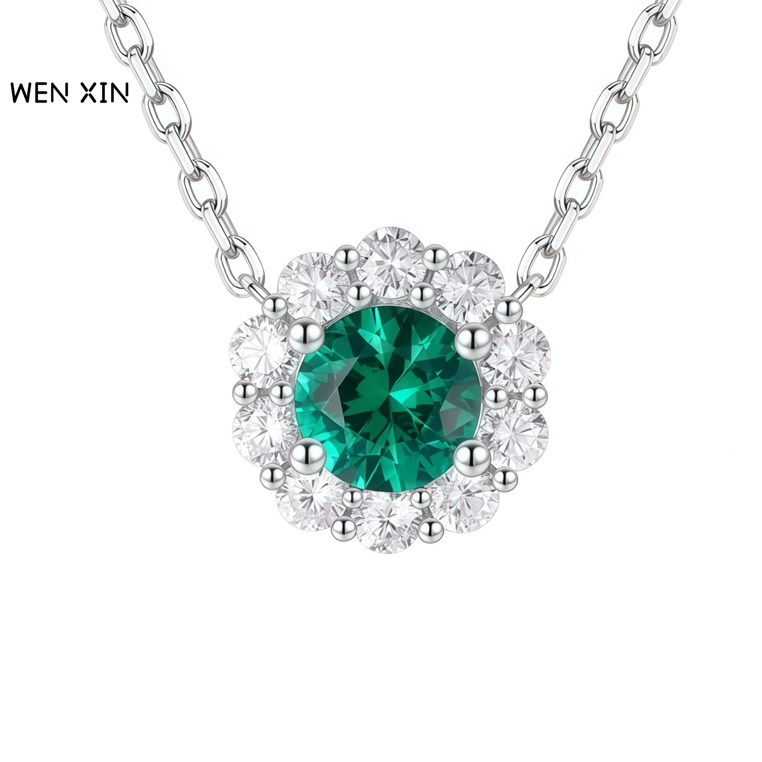 

WENXIN Luxury Jadeite Color Inlaid With Natural Emerald Necklace Pendant 925 Sterling Silver Pendant Necklaces Jewelry