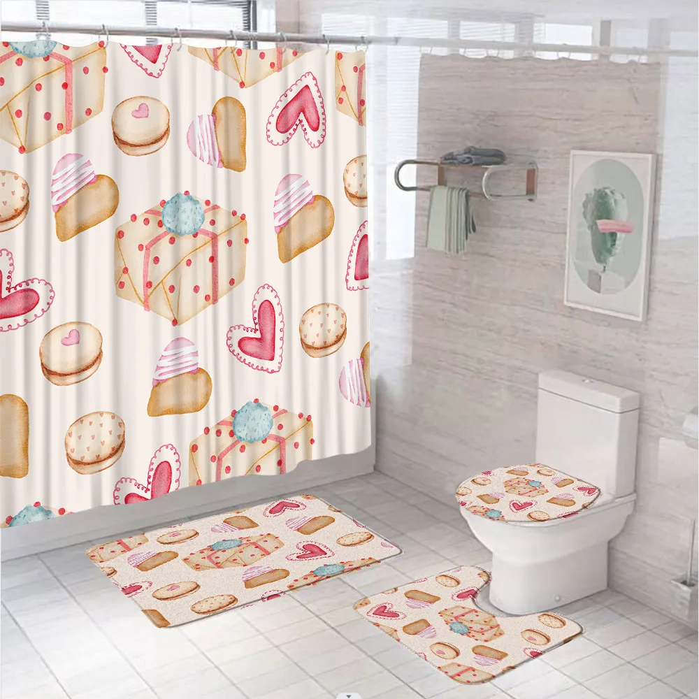 Valentine's Day Shower Curtain Set Pink Truck Couple Heart Balloon Sweet Candy Bathroom Curtains Decor Bath Mat Rug Toilet Cover