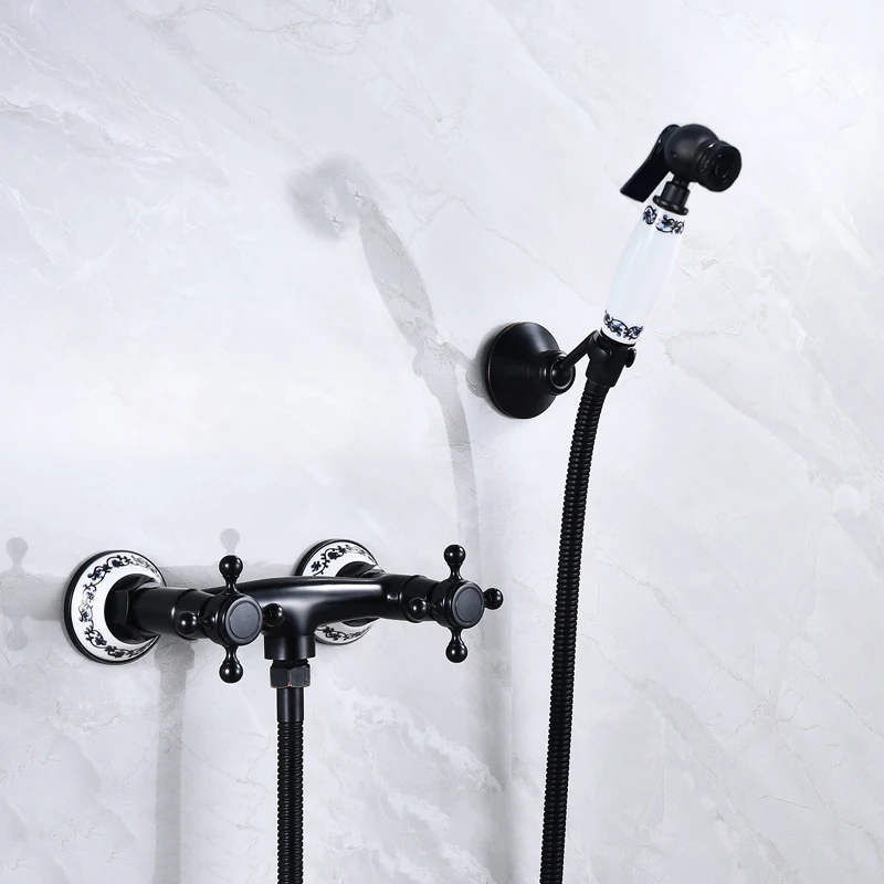 Bathtub Faucet Cold And Hot With Hand Held Shower Head Mixer Taps Black Oil Brass Bathroom Shower Faucet Set Toilet Bidet Faucet