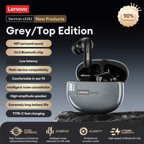 Imagen 2 del producto Original Lenovo LE202 auriculares inalámbricos Bluetooth 6,0 auriculares con cancelación activa de ruido auriculares HIFI HD llamada auriculares para juegos de baja latencia