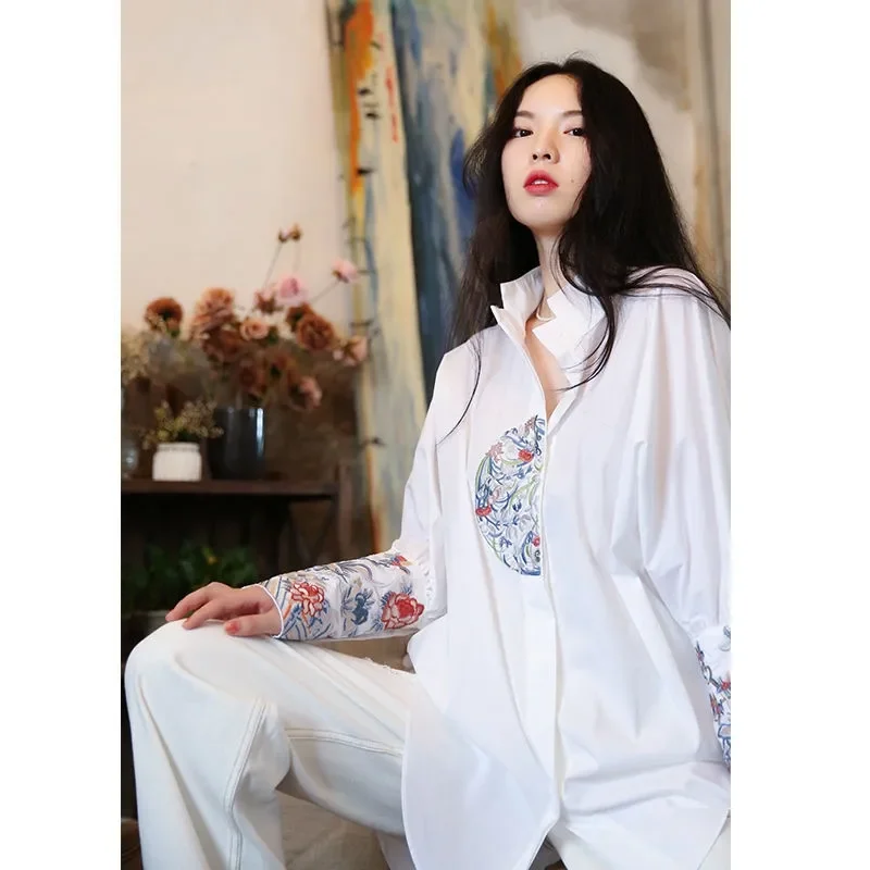 Spring Summer Mid-Long Women\'s Shirt Tops 2024 New Fashion Loose Thin Money Embroider Coat Cardigan Black 3XL Outerwear Female