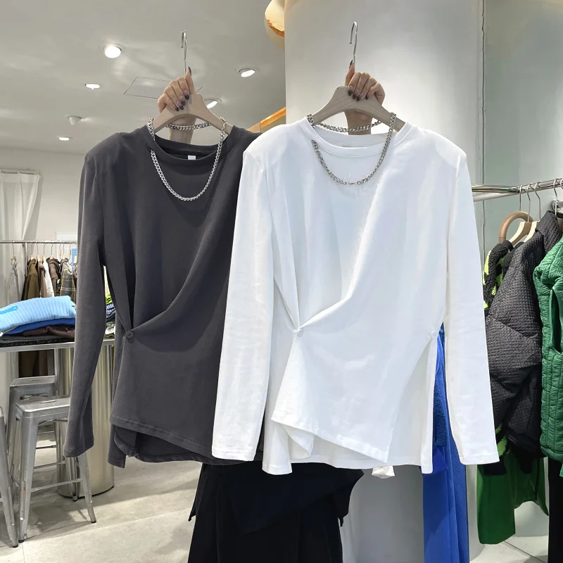

Long Sleeve T-Shirt Women's Shoulder Pad Collar Hang Chain Hem Split Button Side Buckle Korean Style Loose Fit Cotton Blend