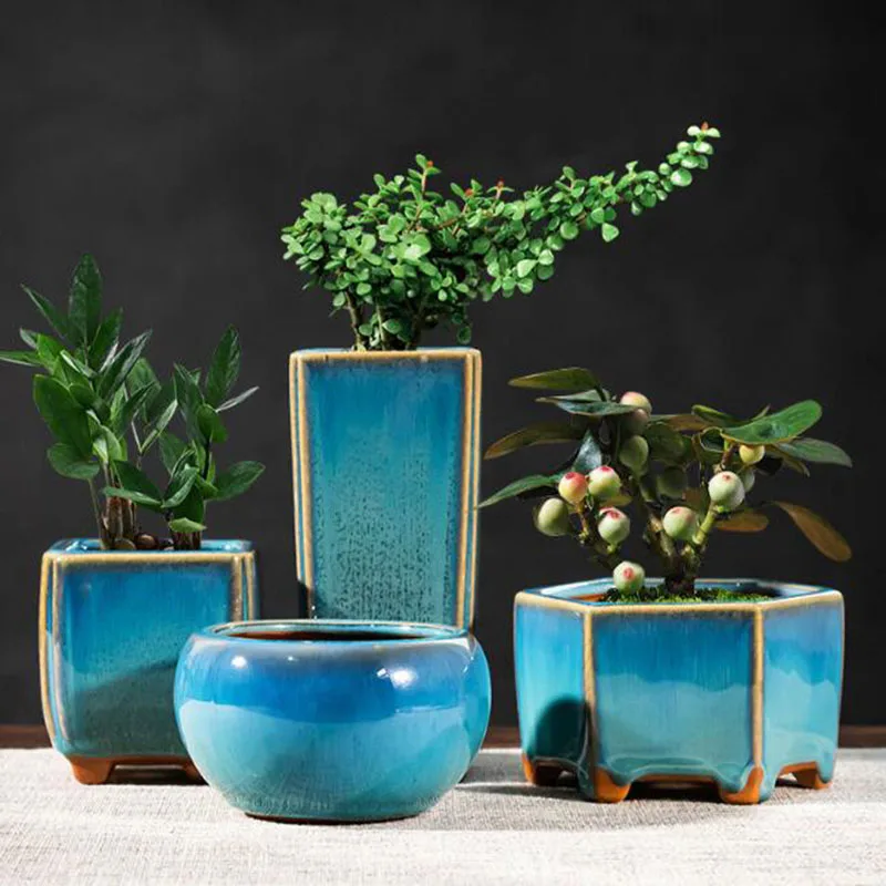 

Modern Style Blue Glazed Porcelain Succulent Plant Pot Flowerpot With A Hole Ceramic Crafts Home Garden Decor