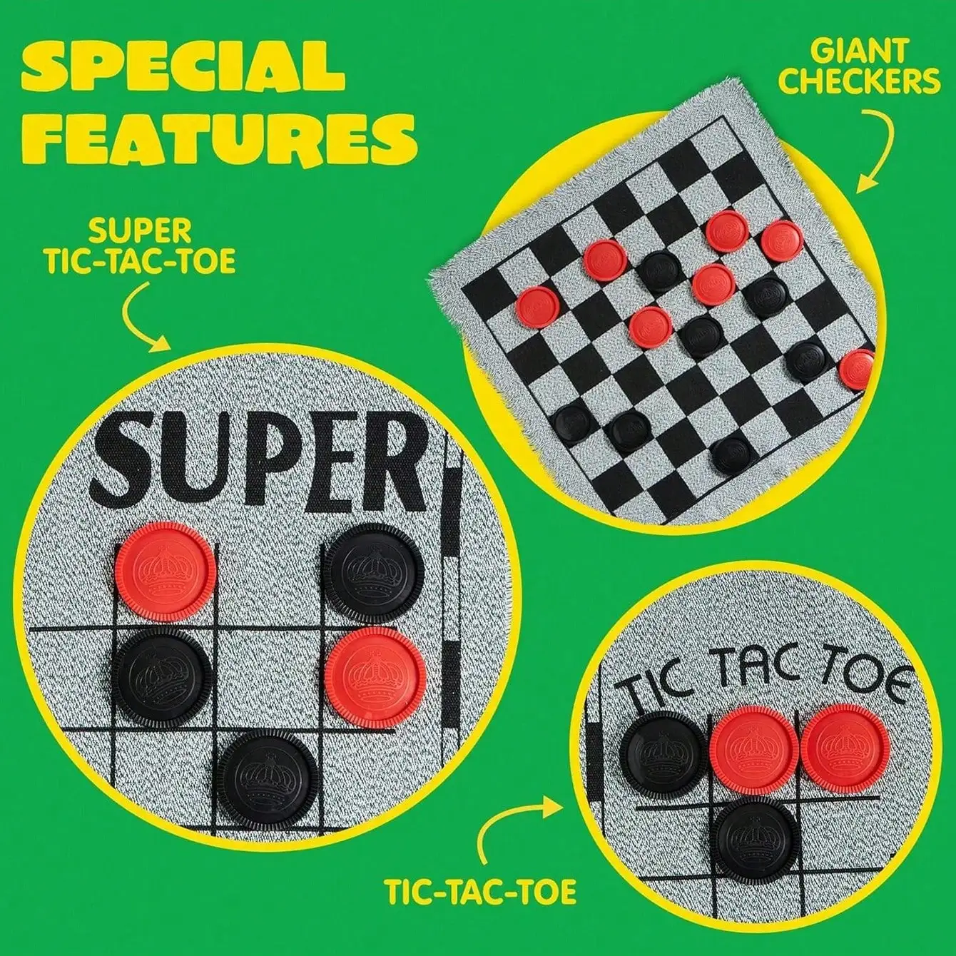 3-in-1 Vintage Game Set - Giant Checkers, Tic Tac Toe & Reversible Mat | 24 Premium Chips | Family Games for Christmas Halloween