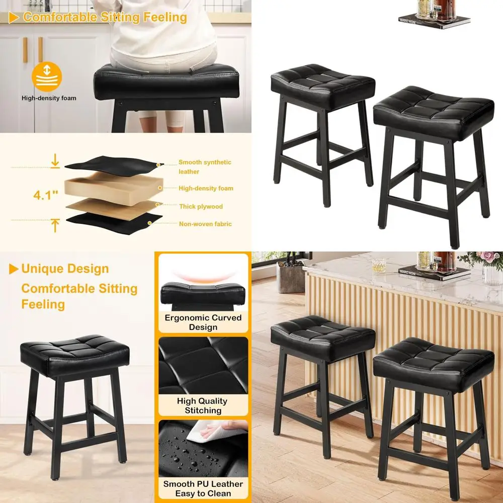 Pair of 24.4 Counter Height Bar Stools with 4.1 Thick Saddle Seats, Curved Design, Metal Base, Easy Assembly, Ideal for Kitchen