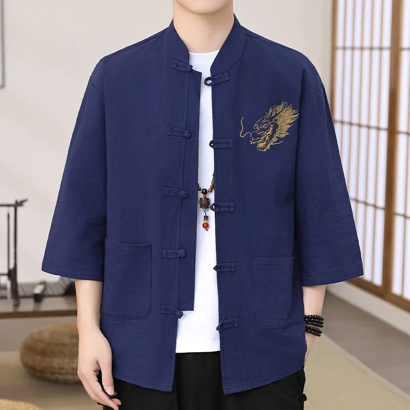 2025 Trendy Traditional Chinese Dragon Embroidered Shirt Stylish 3/4 Sleeve Top for Men Breathable Linen Tops Plus Size M-5XL