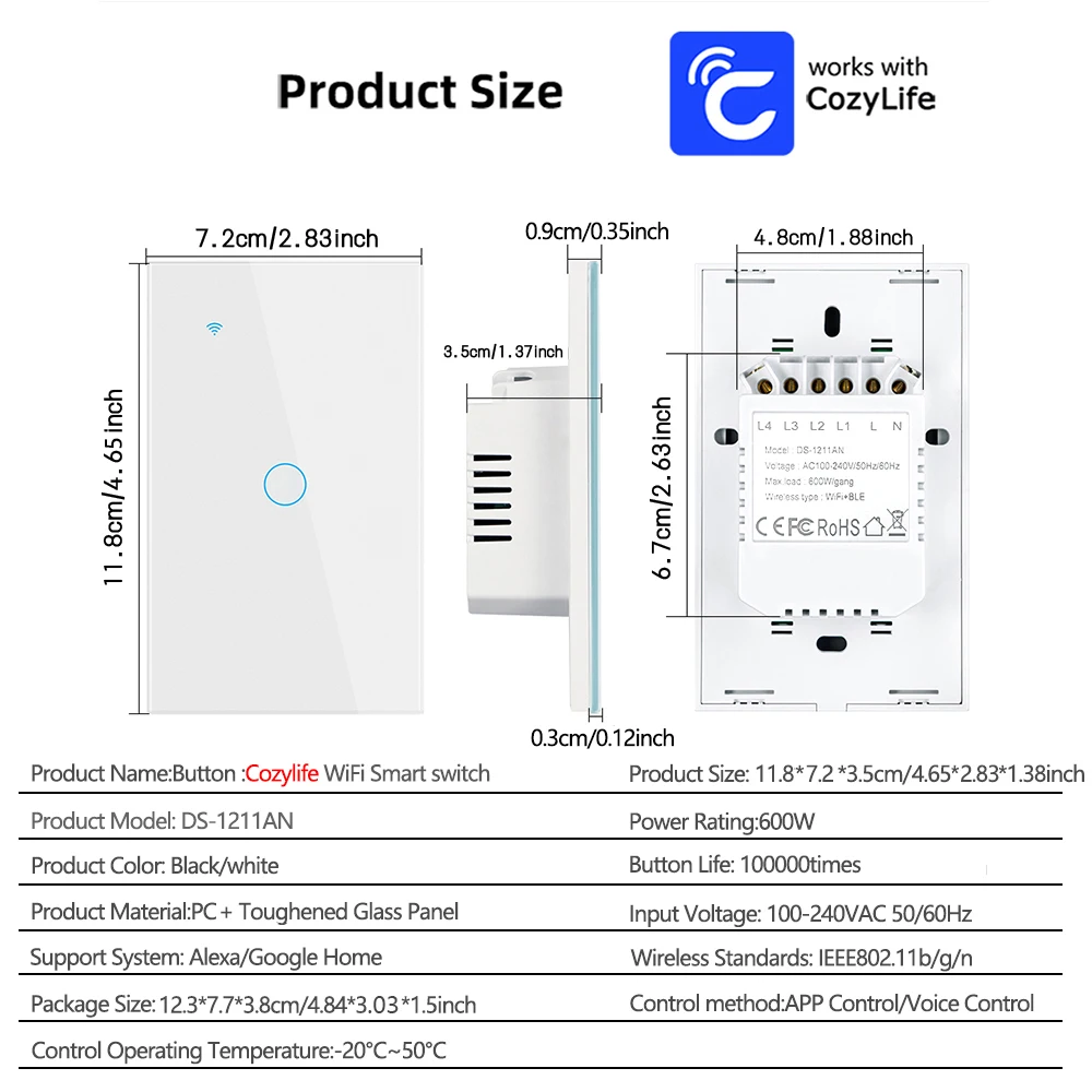 US WiFi Smart,Touch Light Switch,Works with Alexa Google Home,Neutral Wire Required,1/2/3 Gang,100-240V,CozyLife App Control image 5