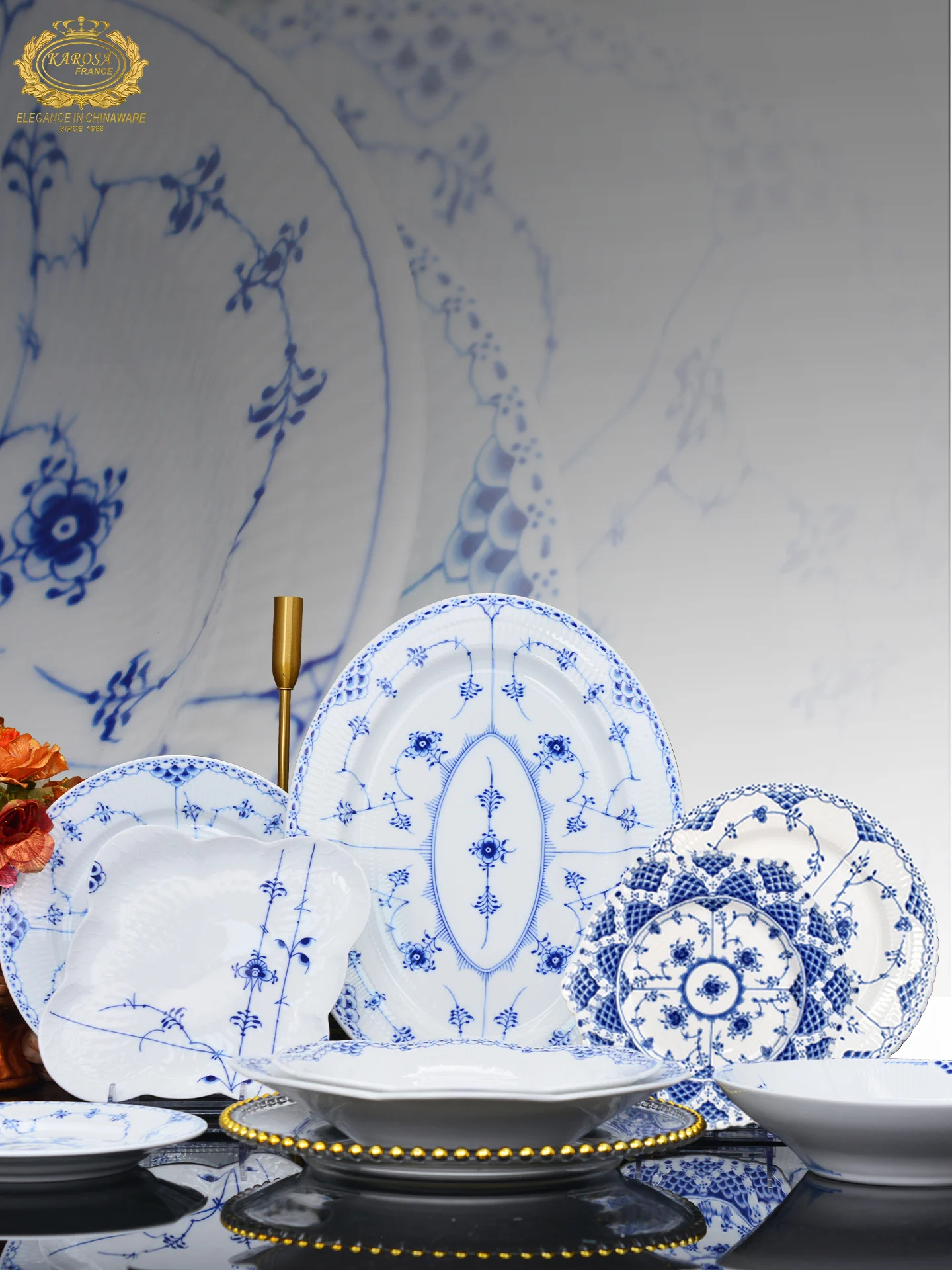 Jingdezhen White Jade Porcelain Blue And White Tang Grass Pattern Home Use Flat Plate Rice Bowl Dish Plate Lace  Soup Bow...