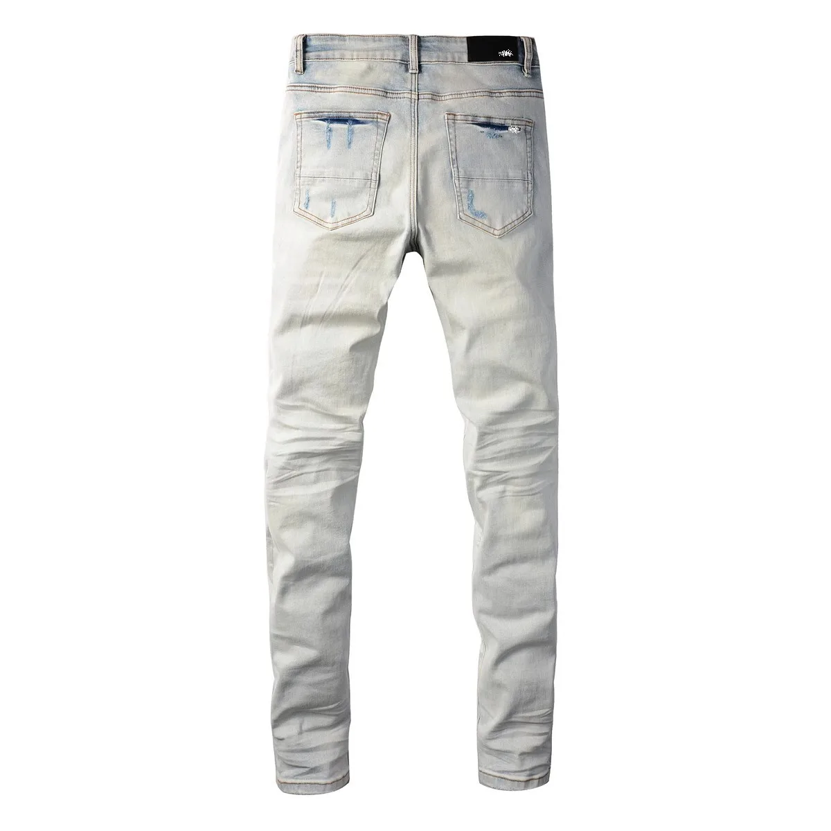 Men's Distressed Red Patch Stretch Motorcycle Jeans Vintage Buttons Slim Fit Light Color Straight Washed Denim Pants