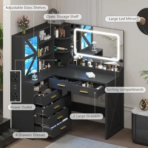 L-Shaped Corner Vanity Desk with LED Lighted Mirror & Charging Station, Black Makeup Vanity with 6 Drawers & Sliding