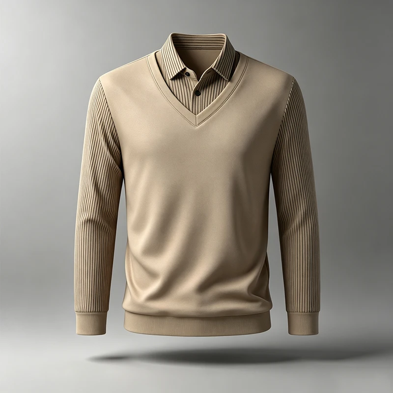 Herren-Oberteil mit langen Ärmeln, im Zweiteiler-Look, V-Ausschnitt, gerippte Ärmel, Hemdkragen-Design, weicher Stoff, ideal für Büro, Alltag und Pendel. – Detail 5