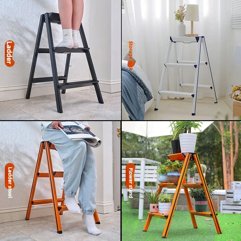 Aluminum Alloy Indoor Step Ladder Stool Multi-functional Folding 3-step Ladder Stool Living Room Balcony Flowerpot Storage Rack