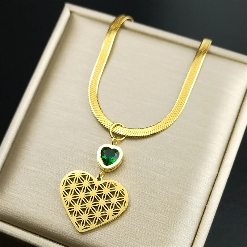 

Flower Of Life Love Heart Green Rhinestone Pendant Necklace Women Stainless Steel Gold Color Choker Blade Chain Party Jewelry