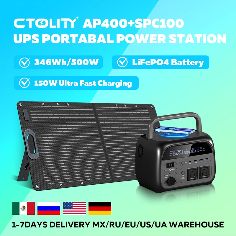 

CTOLITY AP400 500W Portable Power Station 108000mA Camping Emergency Solar Generator 100W ETFE Solar Panel Charger Power Bank
