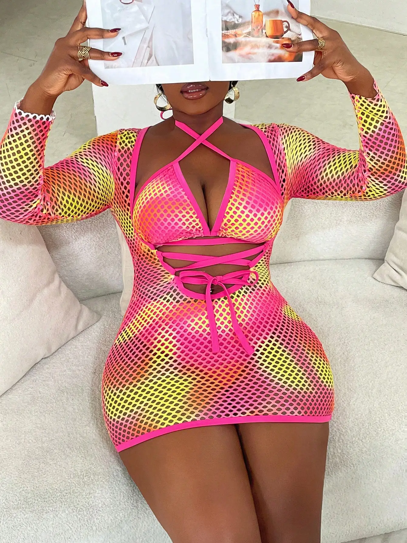 

Sexy Mesh Gradient Halter Neck Lace Up Bodysuit Dress For Beach Vacation