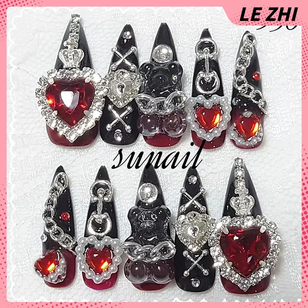 Japanese Y2K Spicy Girl Gothic Retro Handmade Full Cover Nail Tip Almond Bear Love Blinking Rhinestones Luxury Press on Nails