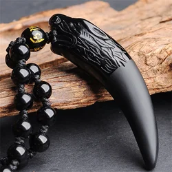 Drop Ship Chinese Handwork Natural Black Obsidian Carved Long Wolf Head Amulet Lucky Pendant + Free Beads Necklace Jewelry
