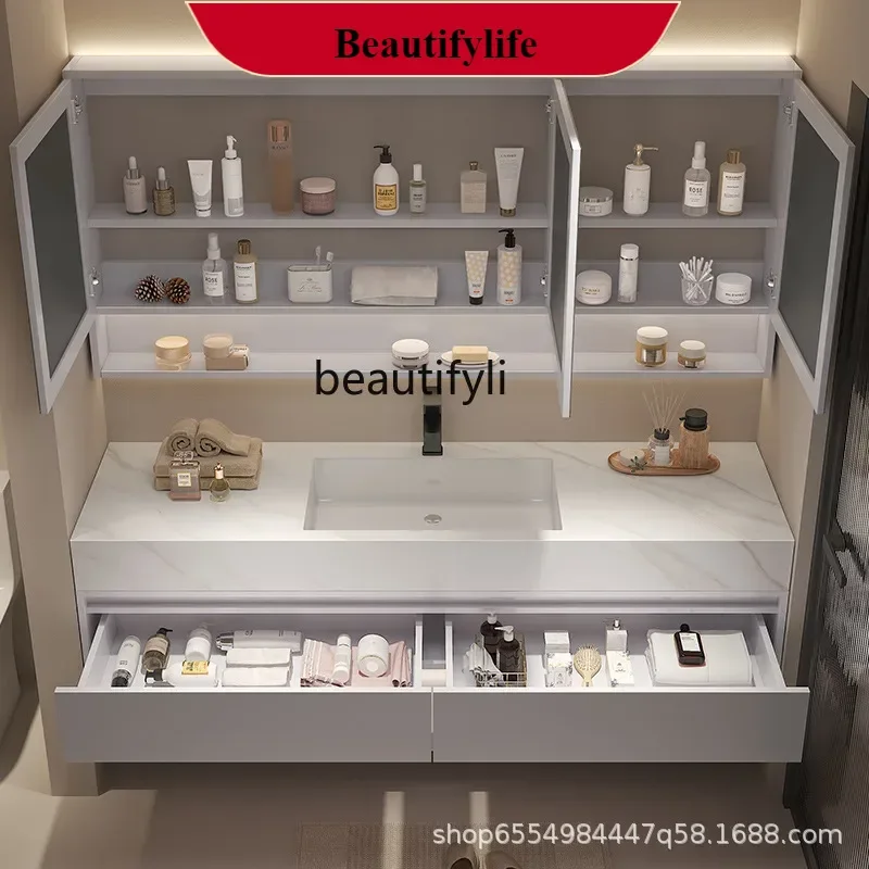 

F185 Light Luxury Double Basin Stone Plate Bathroom Cabinet Combination Bathroom Seamless Integrated Washstand Wash Face