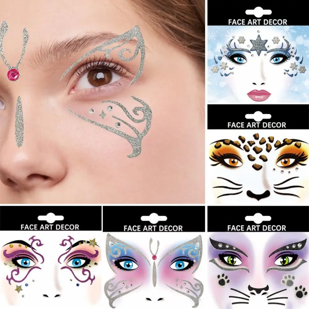 Shining Face Stickers Cartoon Swan Cat Leopard Glitter Makeup Stickers Glitter Ice Face Art Decor Theater Gifts Birthday Party
