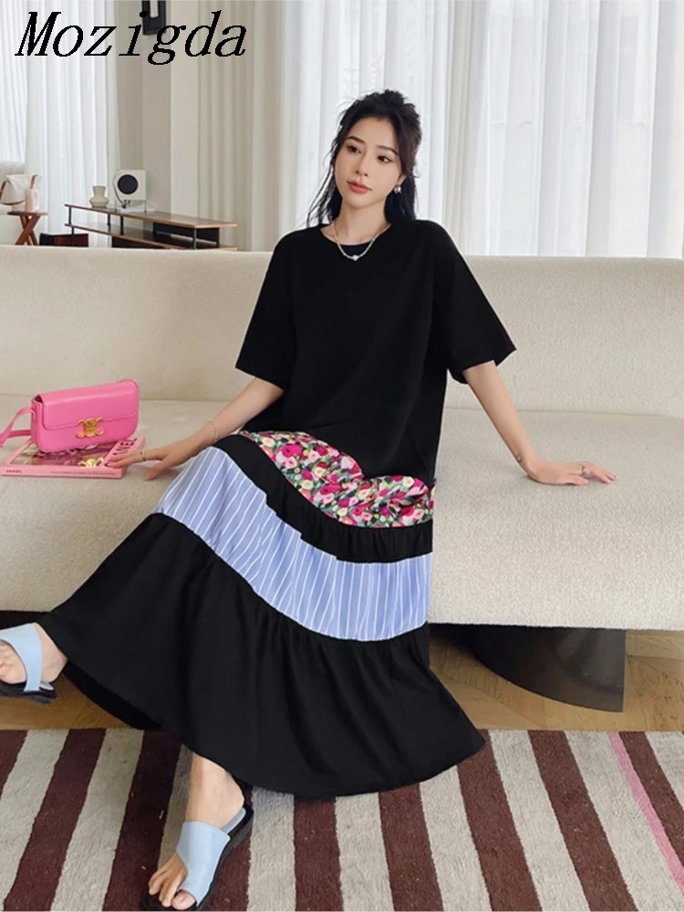 プラスサイズ サマー ミディアム丈 Aライン カジュアル Tシャツワンピース レディース ワンピース ルーズ パッチワーク 大きめ 半袖 レディース ドレス