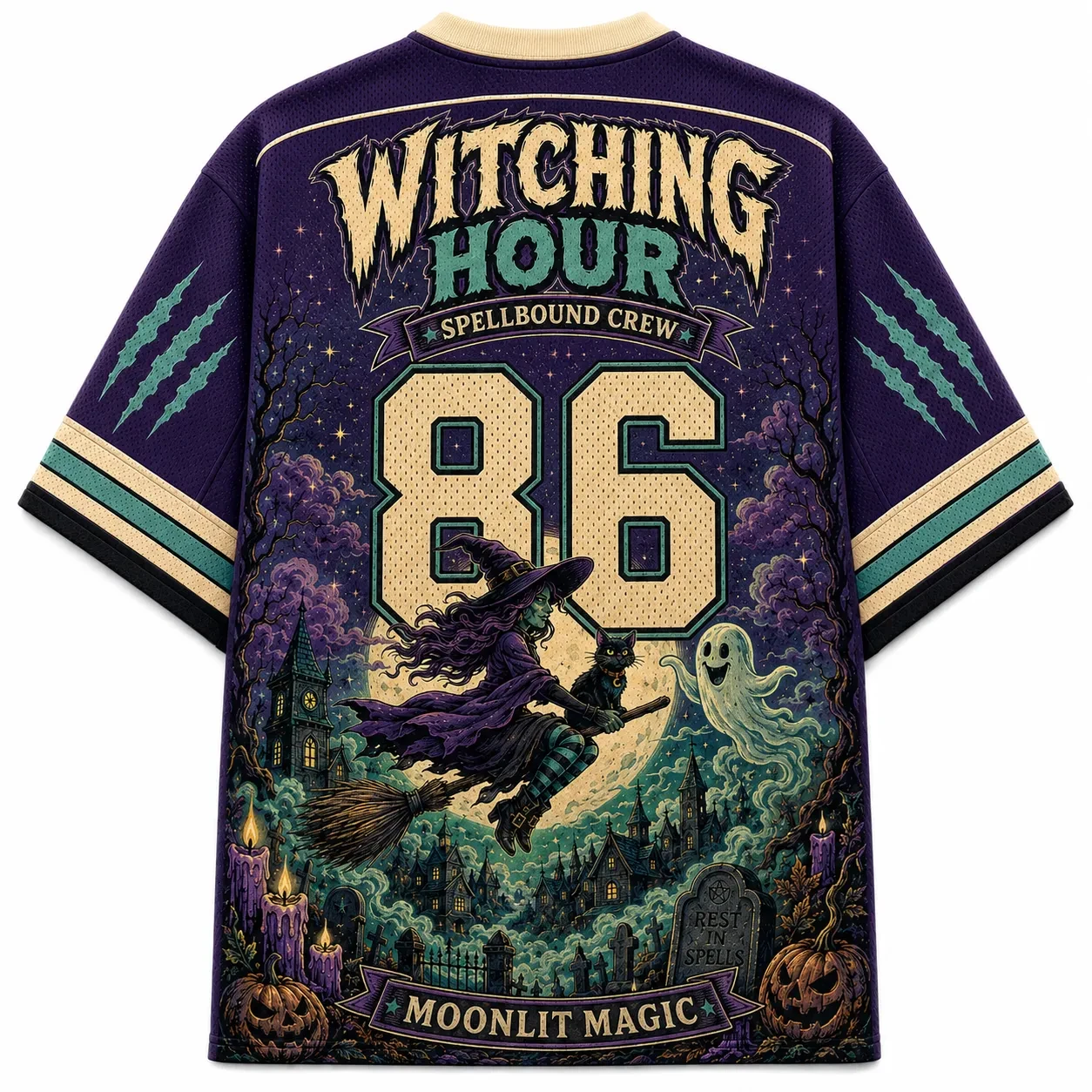 Vintage Halloween Jersey,Jack-o'-lantern Witch Broom Black Cat Ghost Graveyard Moon Print Unisex Streetwear for Trick or Treat
