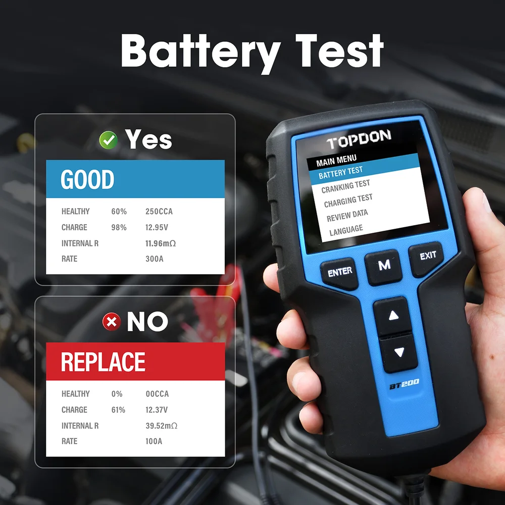 TOPDON BT200 12V Car Battery Tester Digital Automotive Diagnostic Battery Tester Analyzer Vehicle Cranking Charging Scanner Tool