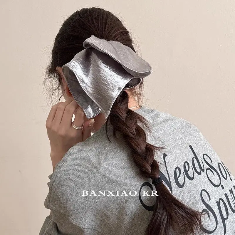 

Oversize Metallic Korean Style Silver Hair Scrunchies Faux Leather Square Elastic Hair Bands Women Girls Accessories Hair Ties