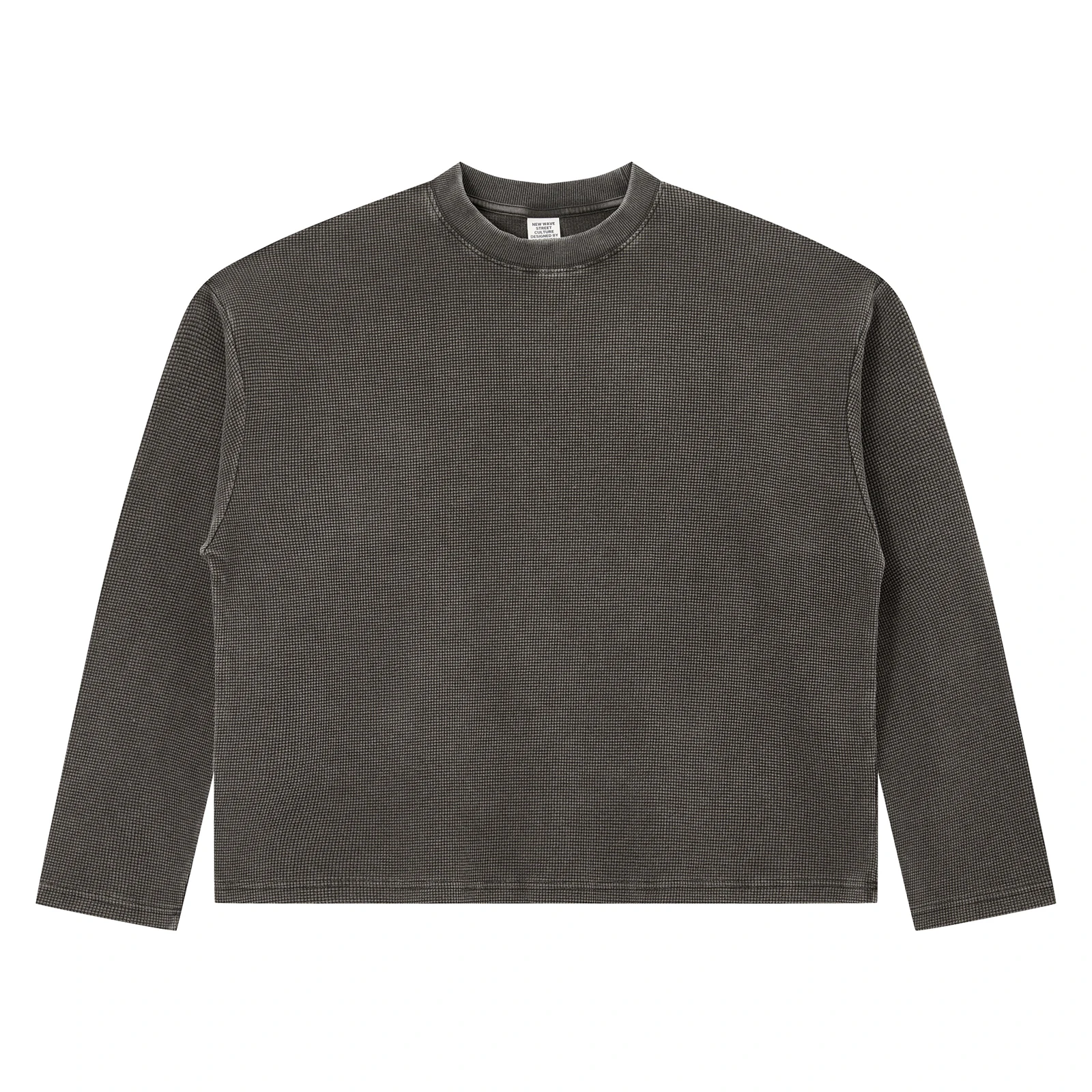 Men Acid Wash Waffle Knit Sweatshirt Gray Cropped Boxy Oversized Fit Crew Neck  Long Sleeve Tshirt Vintage Streetwear Pullovers